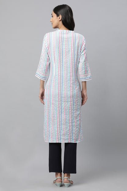 Multi-coloured Stripe Printed Seer Sucker Embroidered Kurta