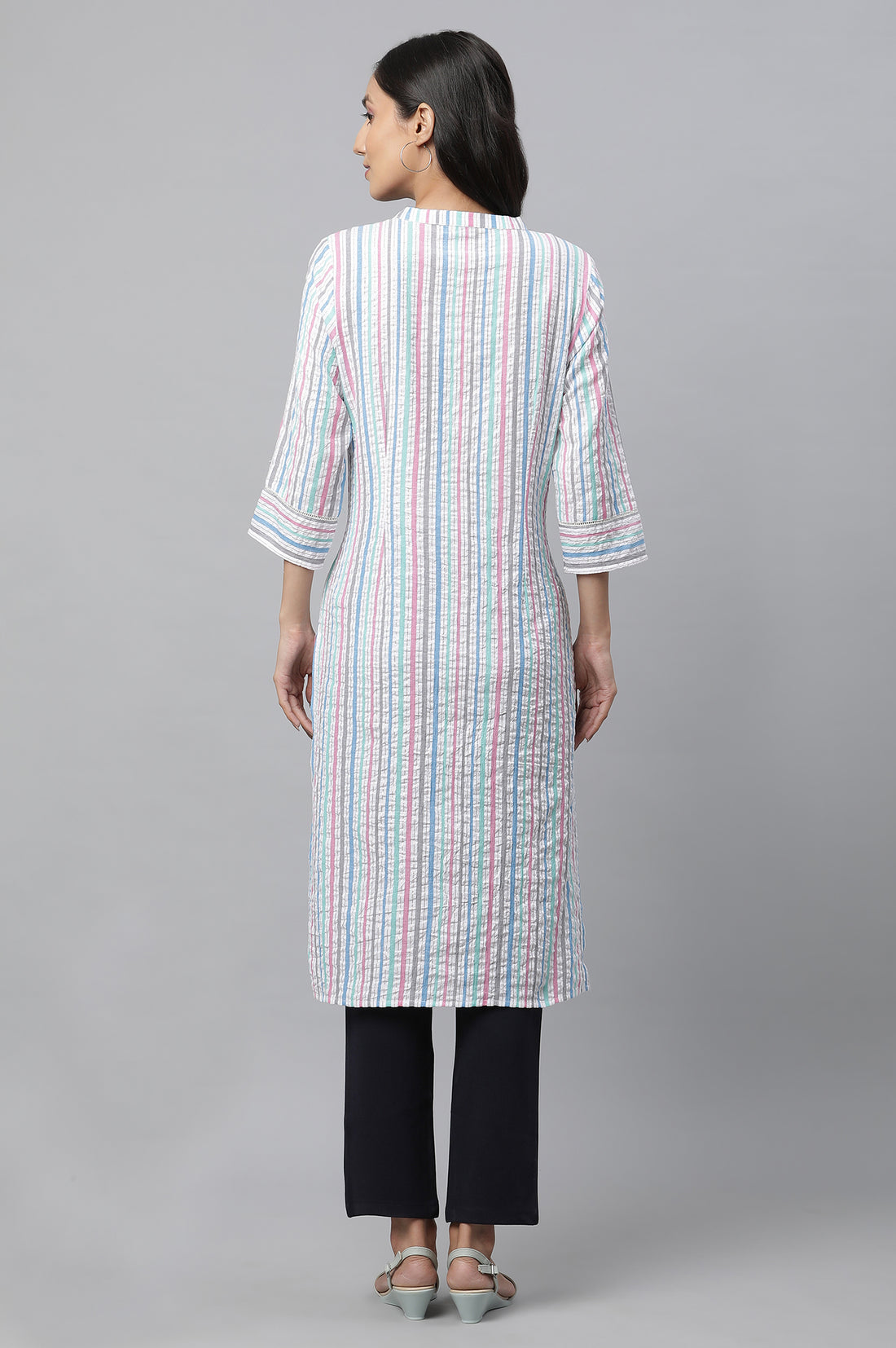 Multi-coloured Stripe Printed Textured Cotton Embroidered Kurta