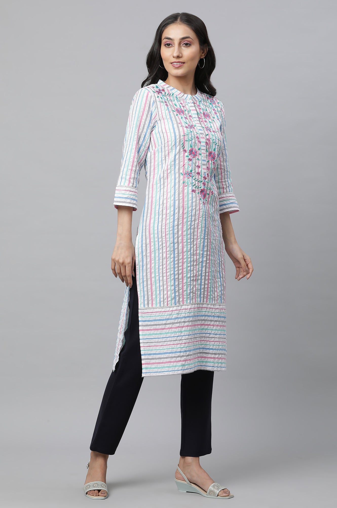 Multi-coloured Stripe Printed Seer Sucker Embroidered Kurta