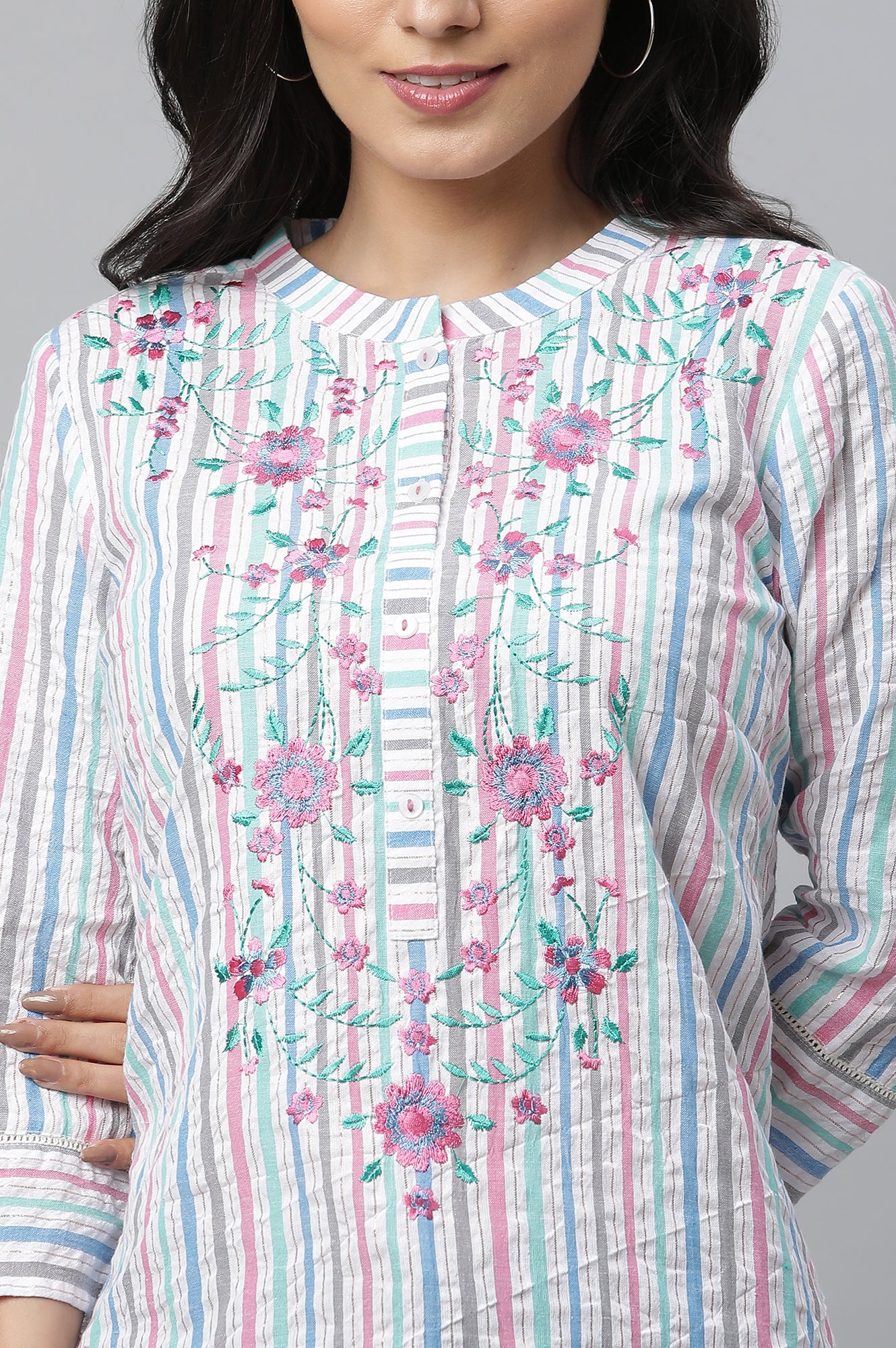 Multi-coloured Stripe Printed Seer Sucker Embroidered Kurta