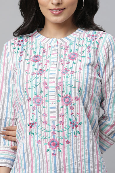 Multi-coloured Stripe Printed Seer Sucker Embroidered Kurta