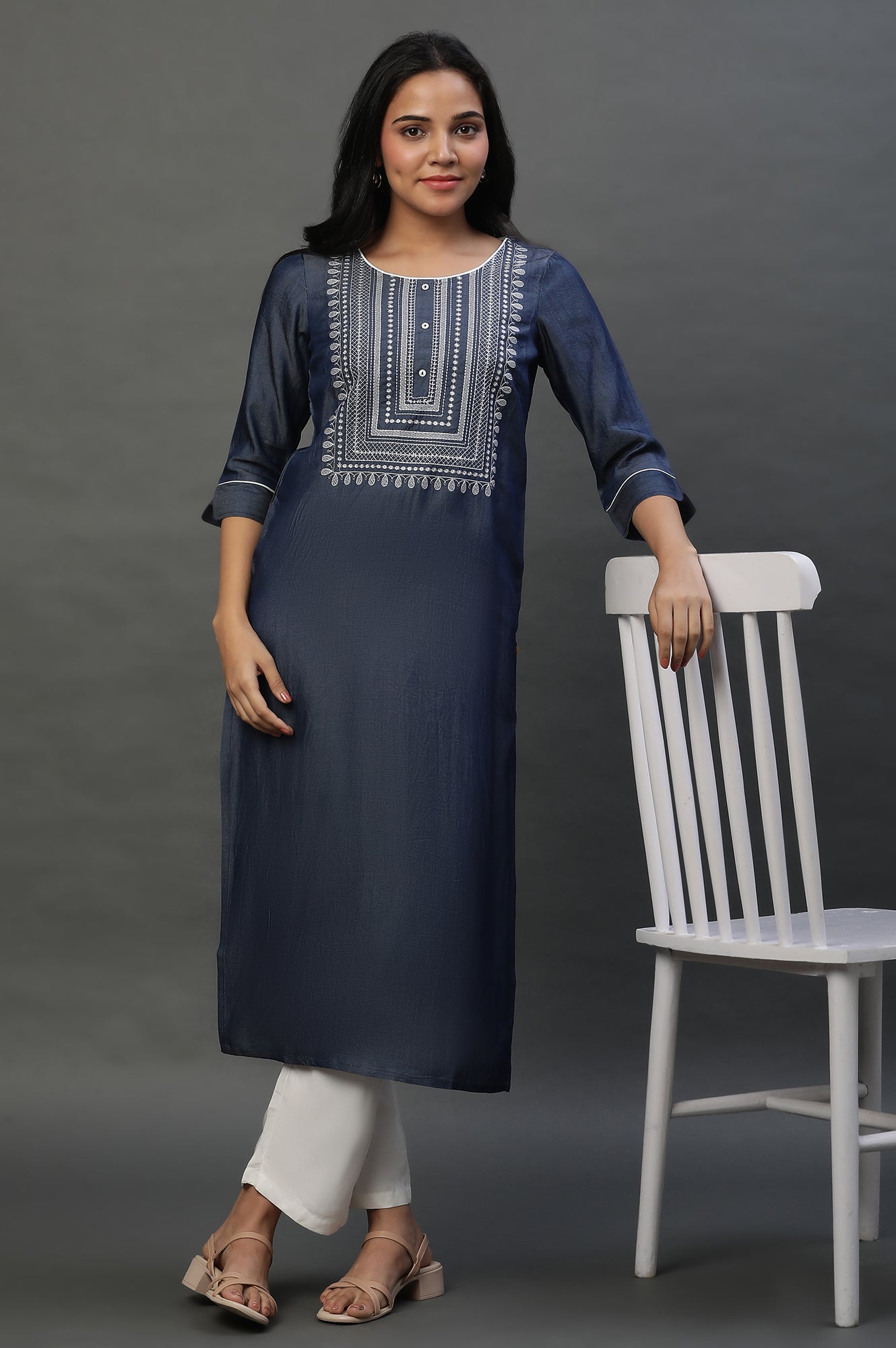 Blue Denim Embroidered Yoke Kurta