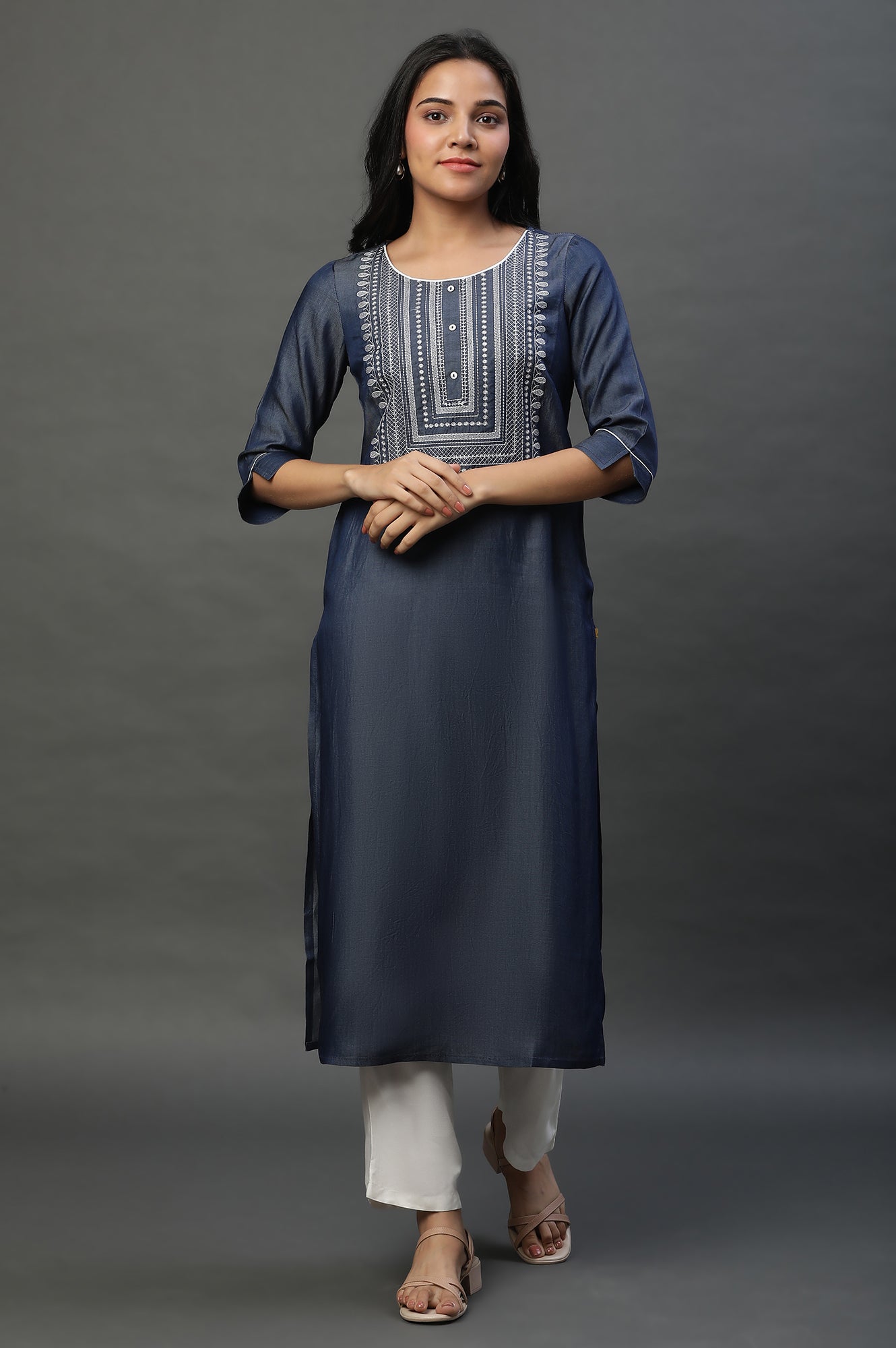 Blue Denim Embroidered Yoke Kurta