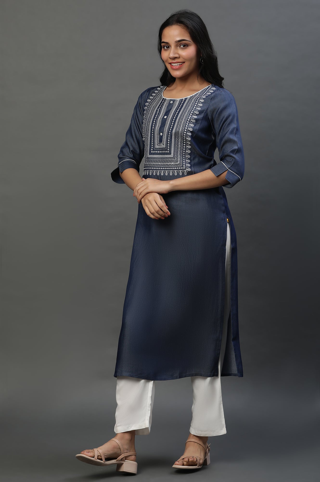 Blue Denim Embroidered Yoke Kurta