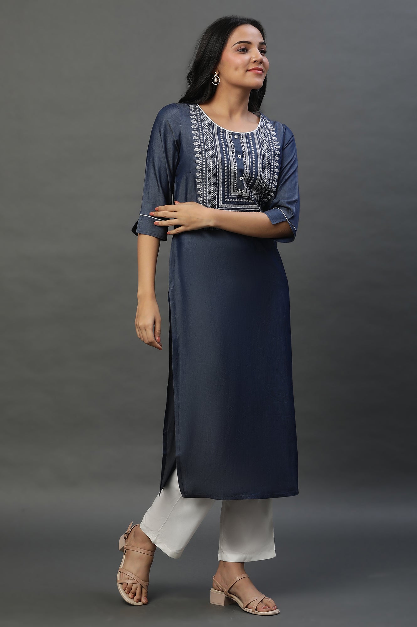 Blue Denim Embroidered Yoke Kurta