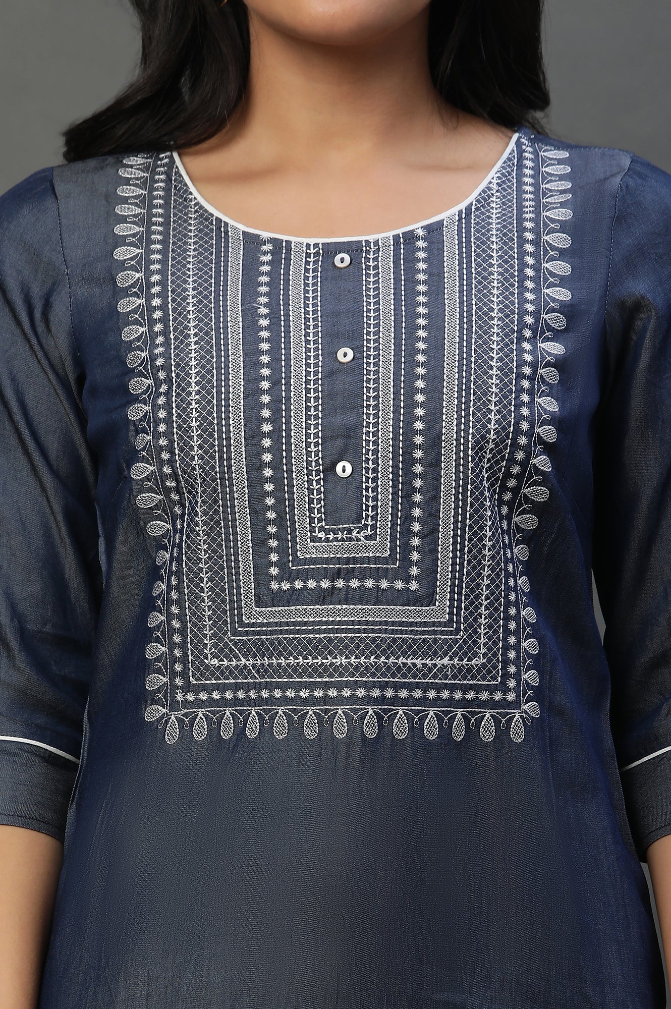 Blue Denim Embroidered Yoke Kurta