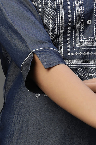 Blue Denim Embroidered Yoke Kurta