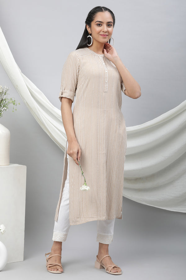 Brown & White Yarn Dyed Striped Kurta