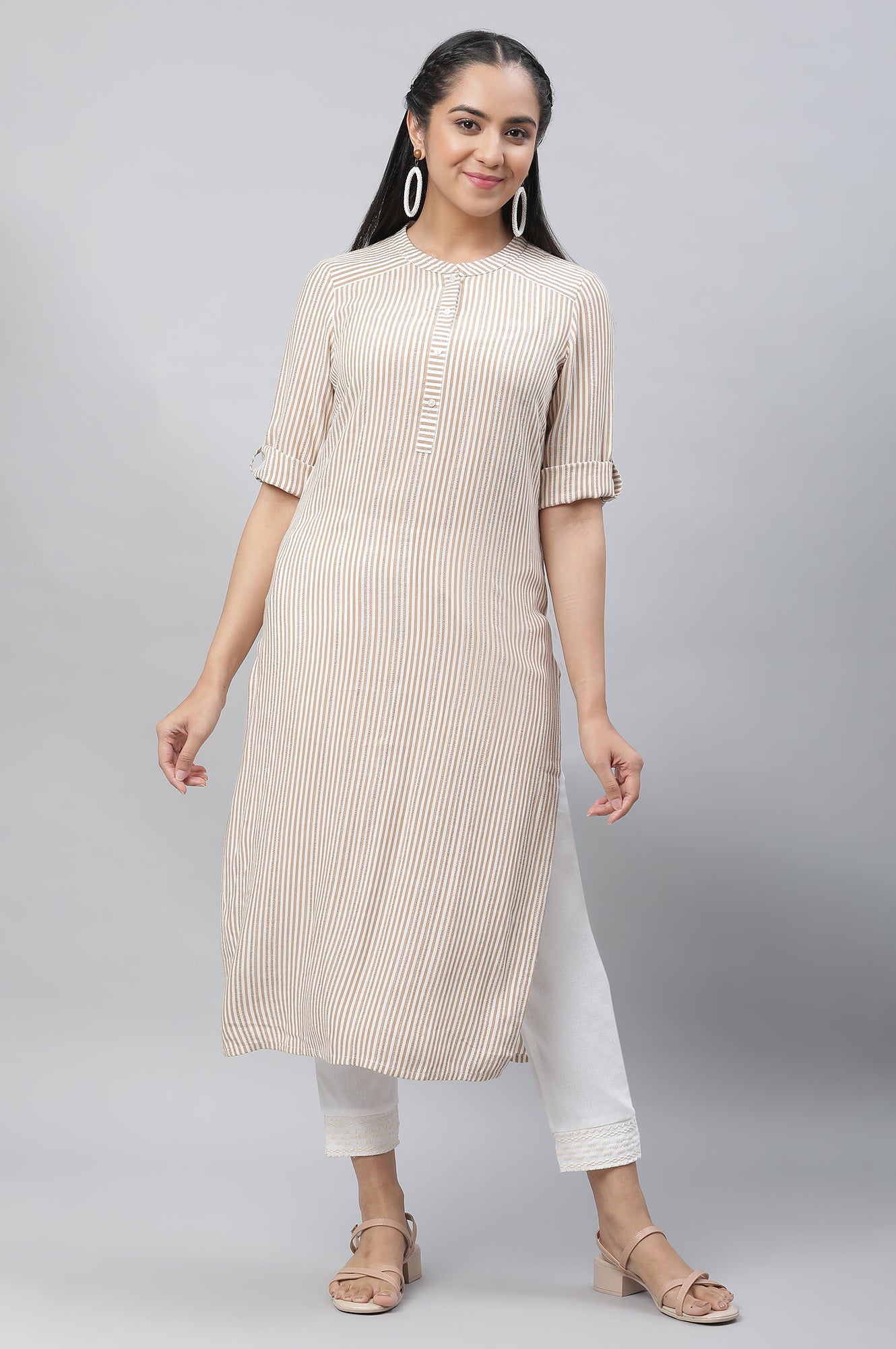 Brown &amp; White Yarn Dyed Striped Kurta