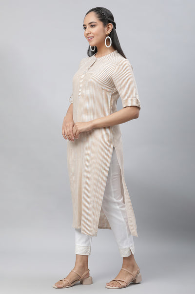 Brown & White Yarn Dyed Striped Kurta