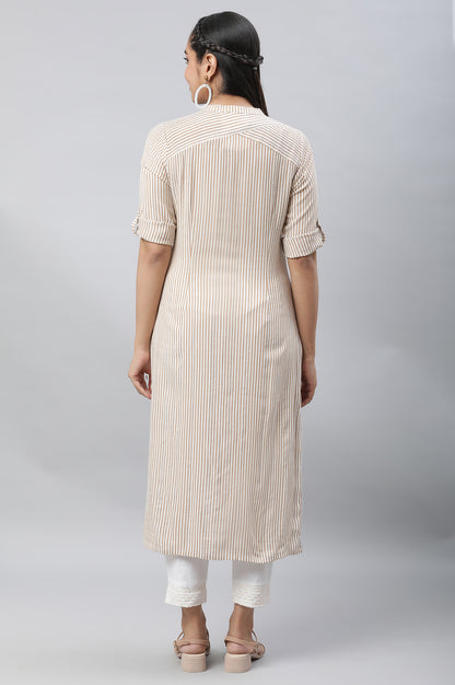 Brown &amp; White Yarn Dyed Striped Kurta