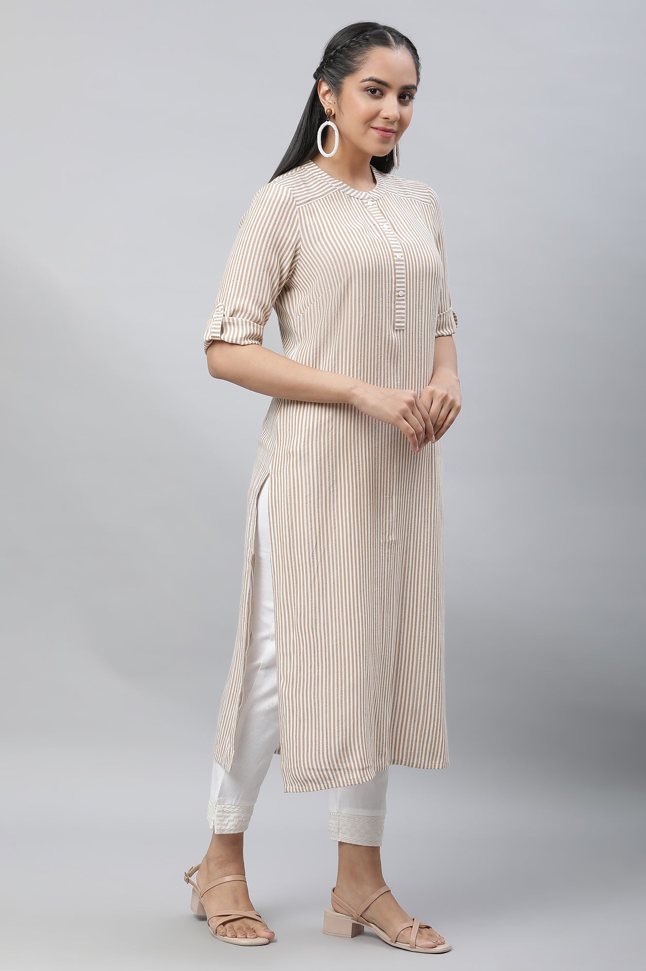 Brown &amp; White Yarn Dyed Striped Kurta