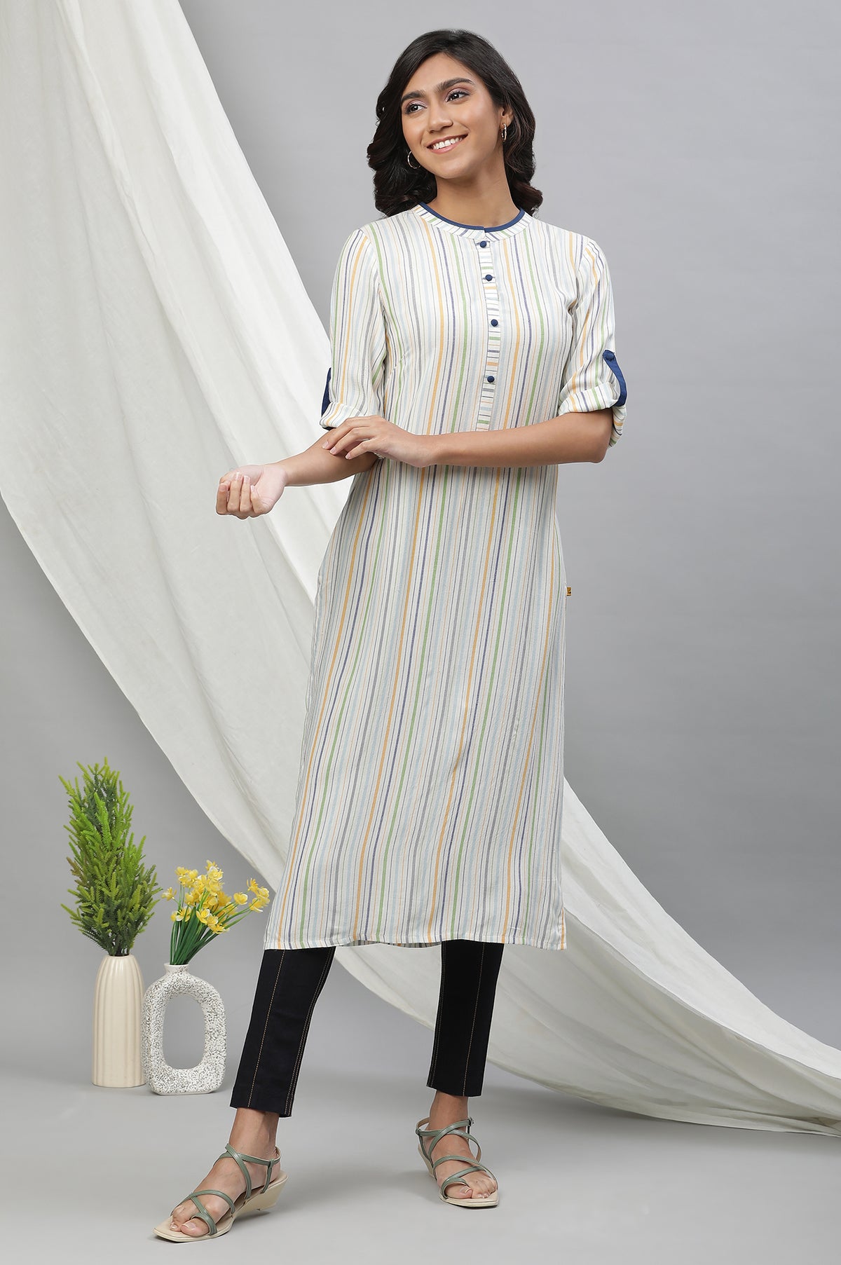 White Straight Kurta with Multi-coloured Stripes - XS