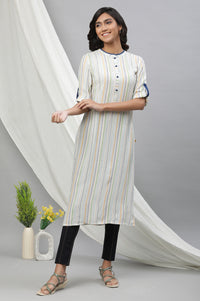 White Straight Kurta with Multi-coloured Stripes