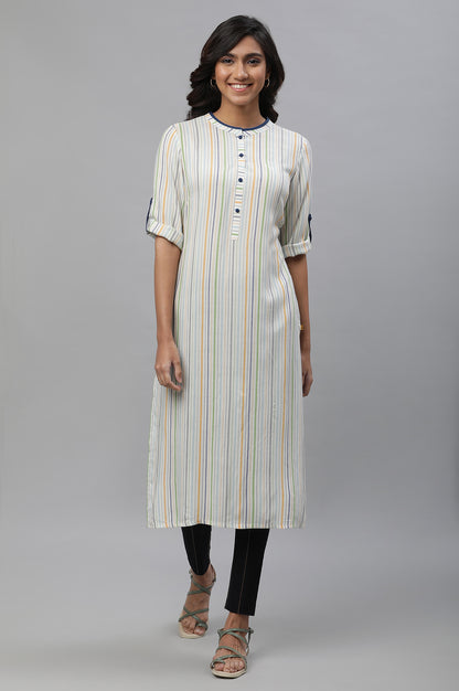 White Straight Kurta with Multi-coloured Stripes