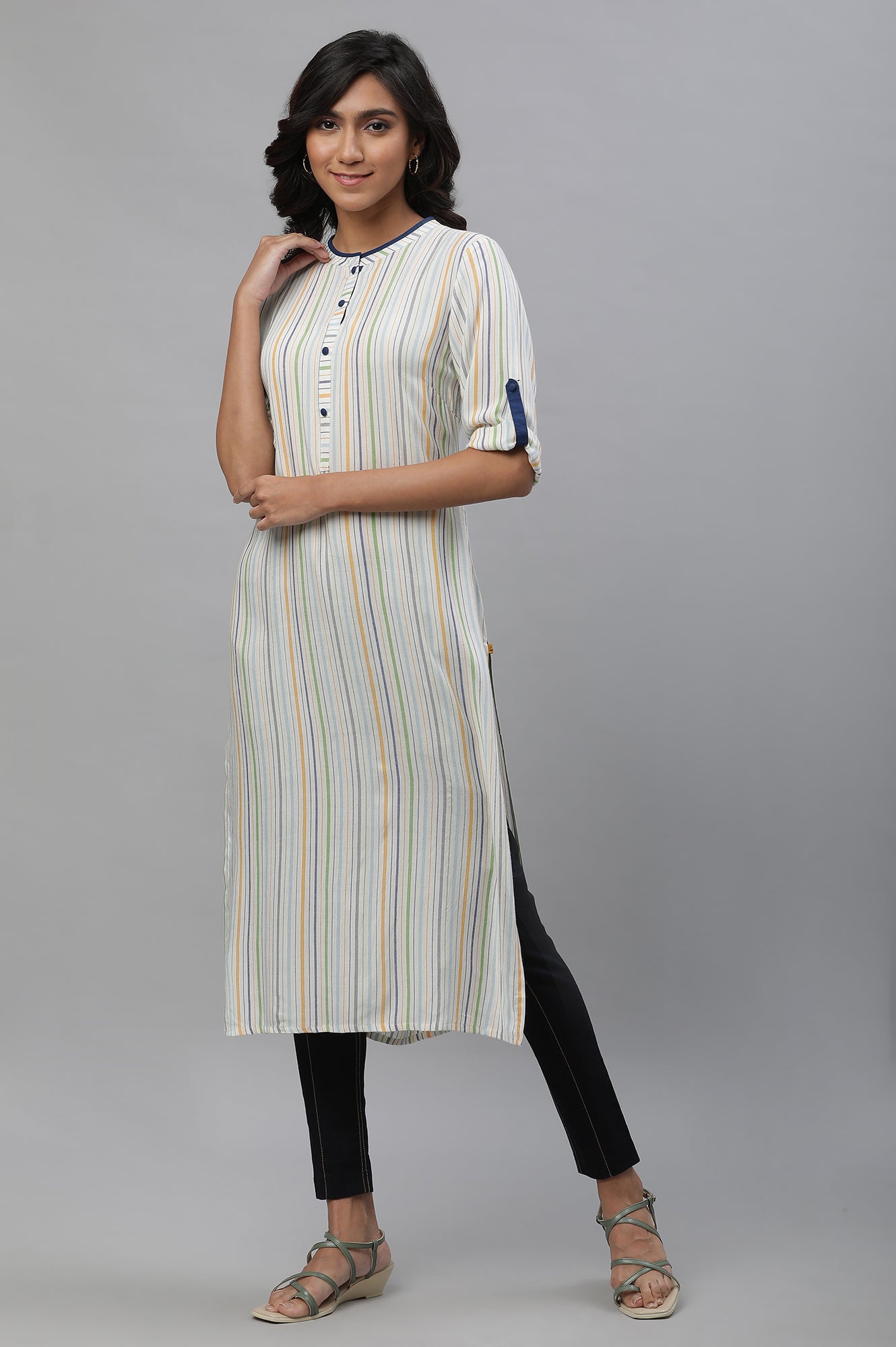 White Straight Kurta with Multi-coloured Stripes