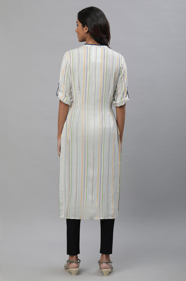 White Multi-Coloured Stripe Cotton Straight Kurta