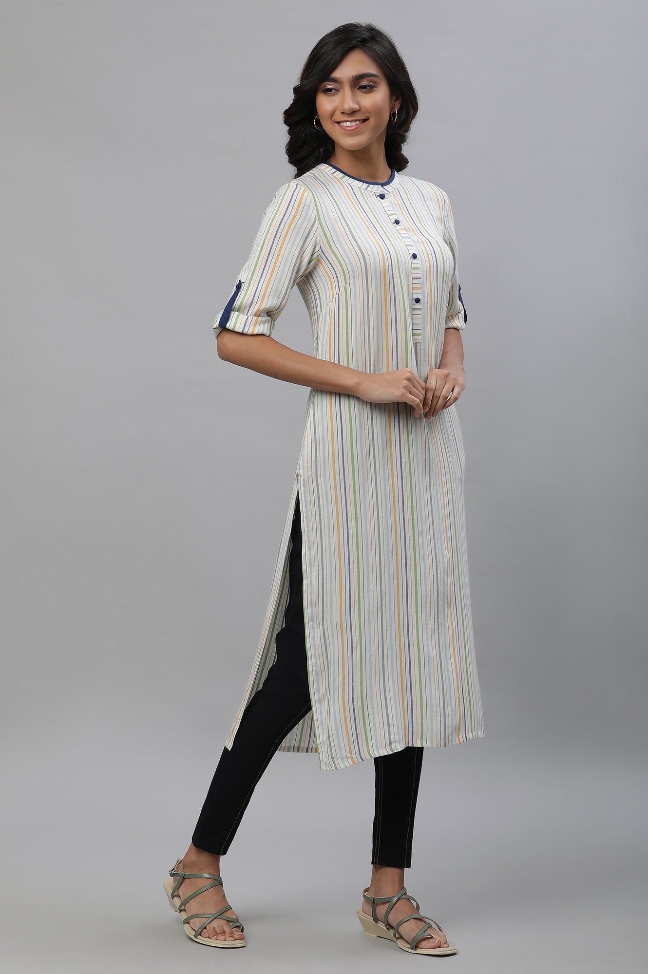 White Straight Kurta with Multi-coloured Stripes