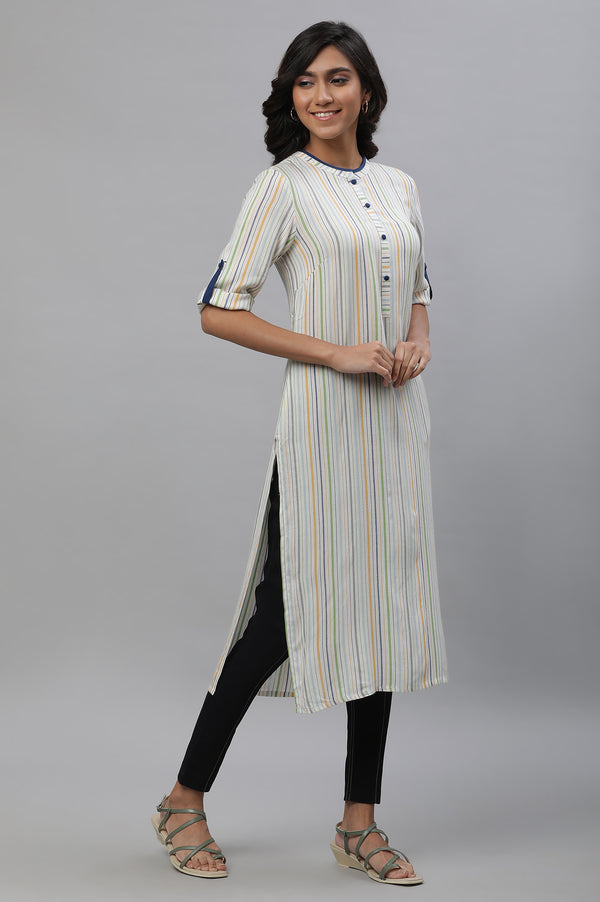 White Multi-Coloured Stripe Cotton Straight Kurta