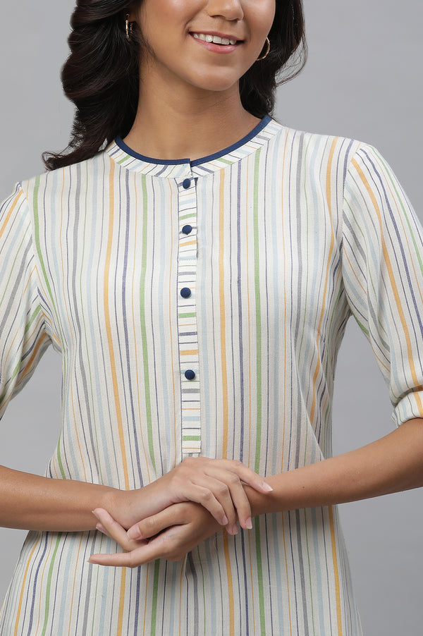 White Stripe Crepe Blend Straight Kurta and Tight Set