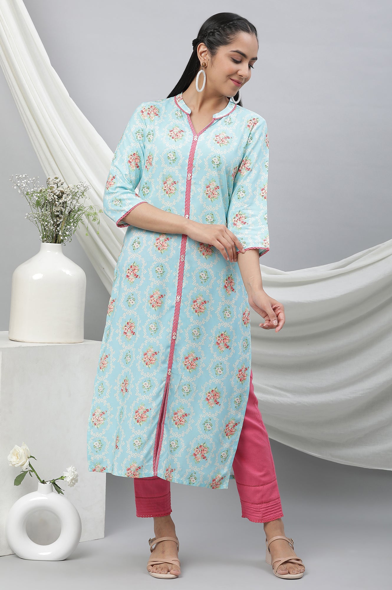 Blue Floral Printed Lace Kurta