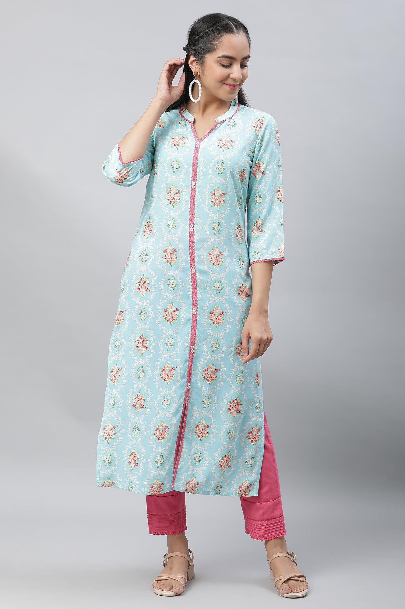 Blue Floral Printed Lace Kurta