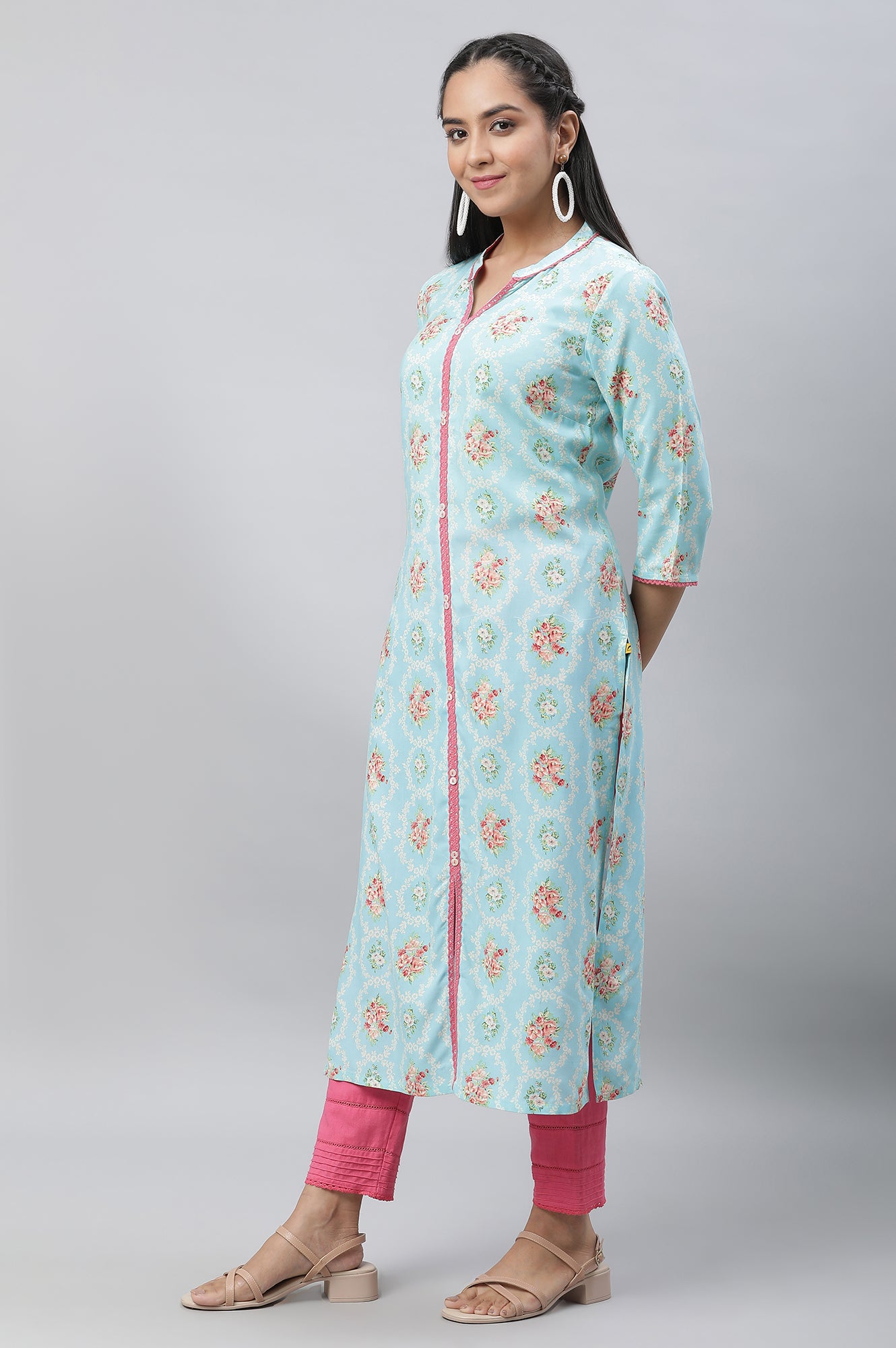 Blue Floral Printed Lace Kurta