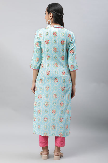 Blue Floral Printed Lace Kurta