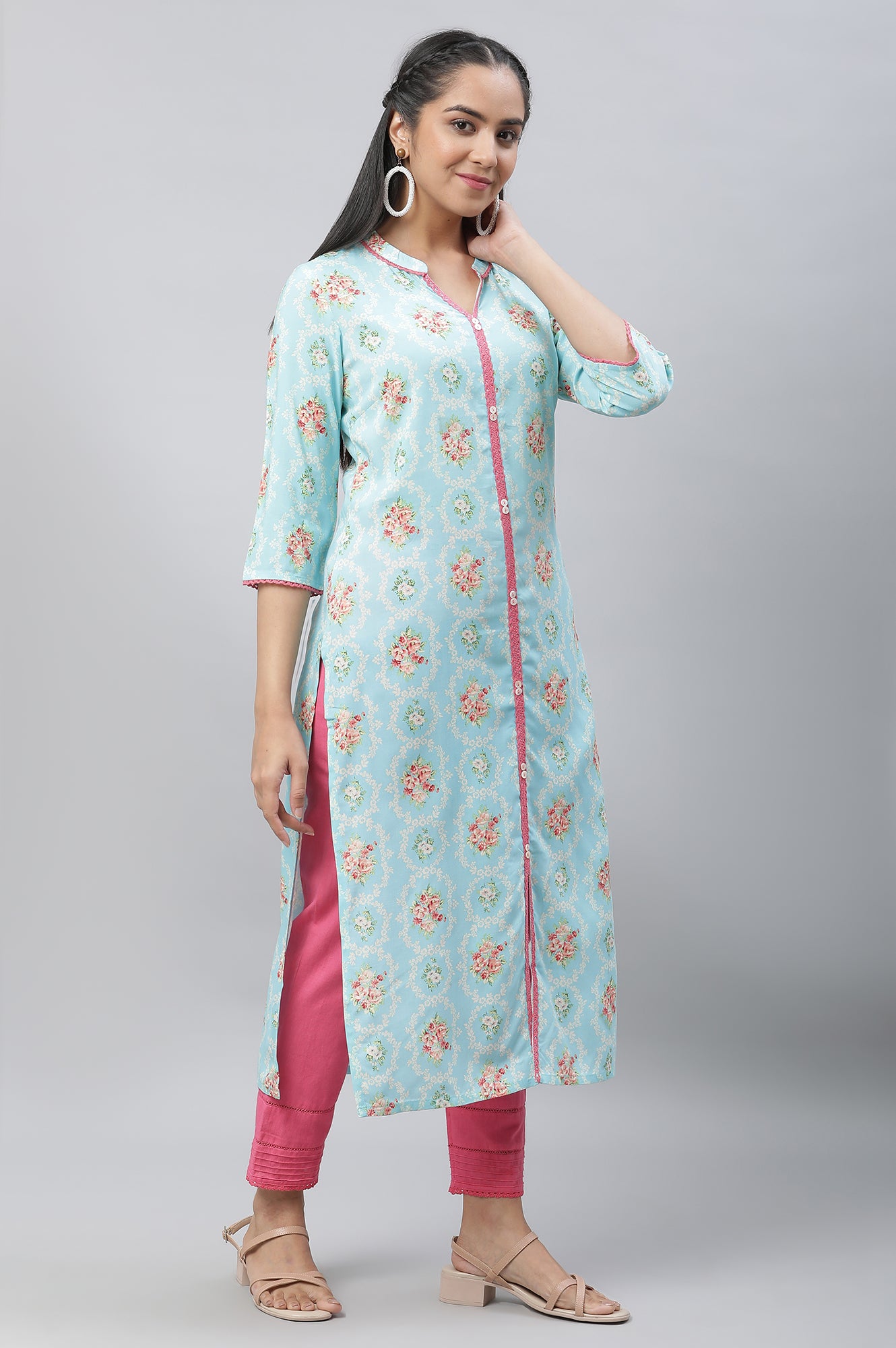 Blue Floral Printed Lace Kurta