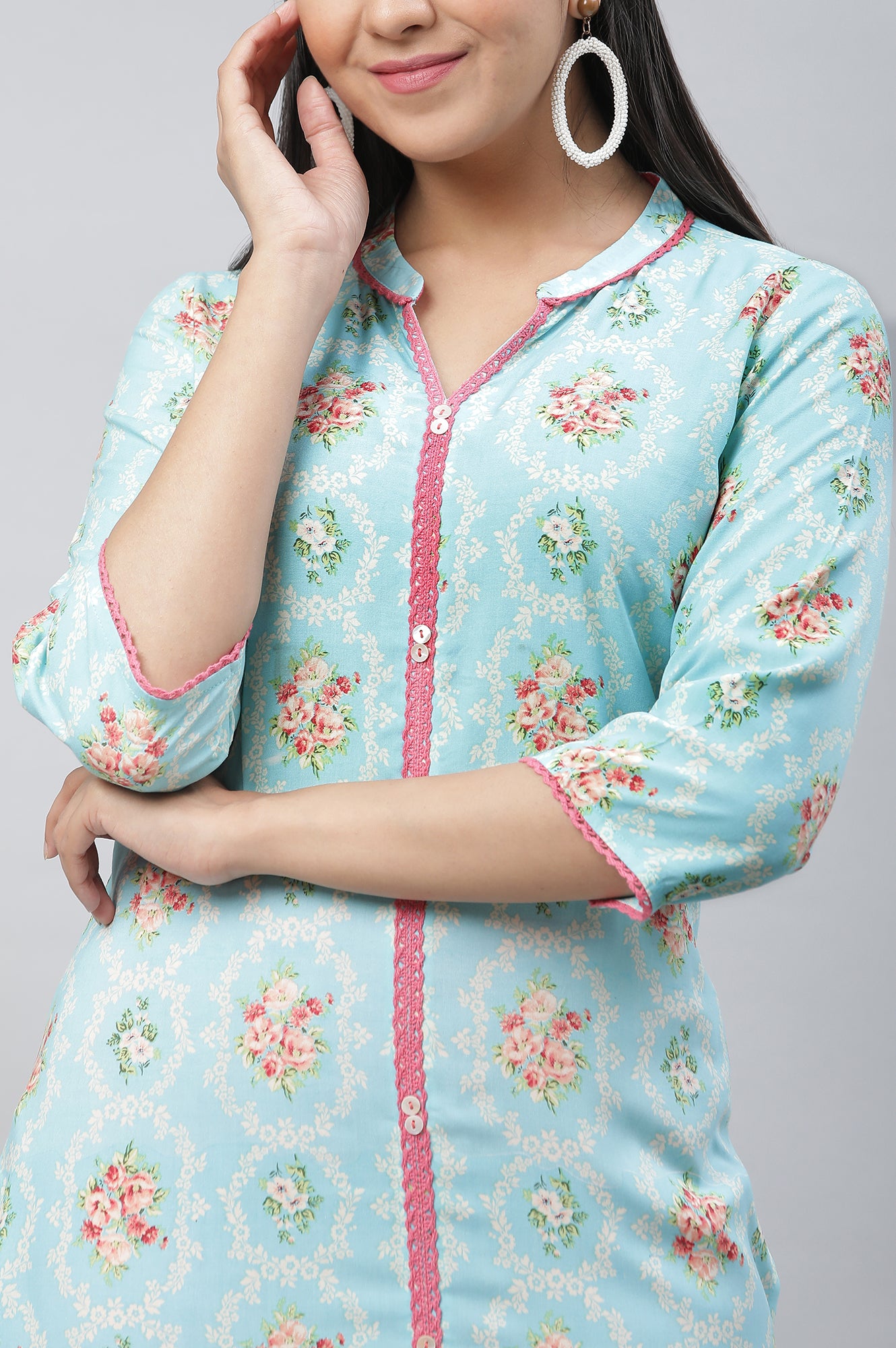 Blue Floral Printed Lace Kurta