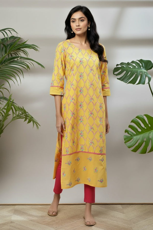 Yellow Floral Printed Cotton Straight Kurta