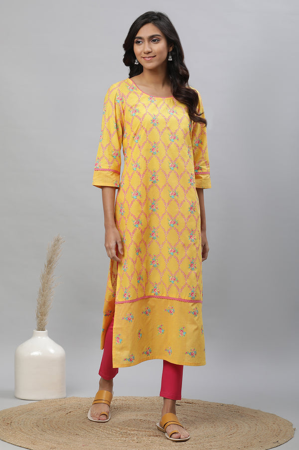 Yellow Floral Printed Cotton Straight Kurta
