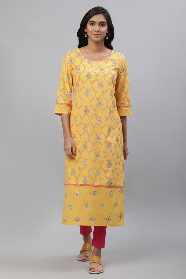 Yellow Floral Printed Cotton Straight Kurta