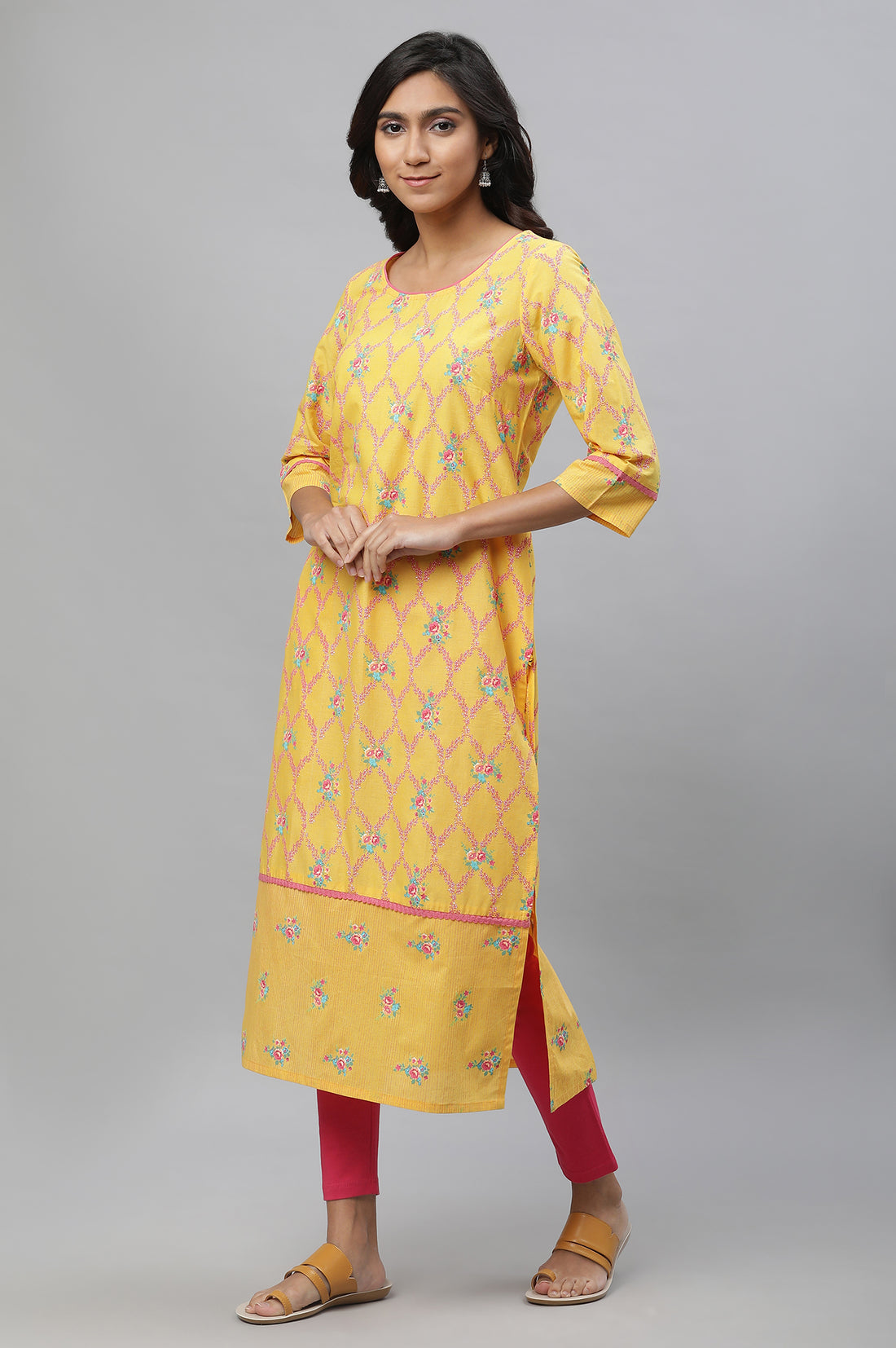 Yellow Floral Printed Cotton Straight Kurta