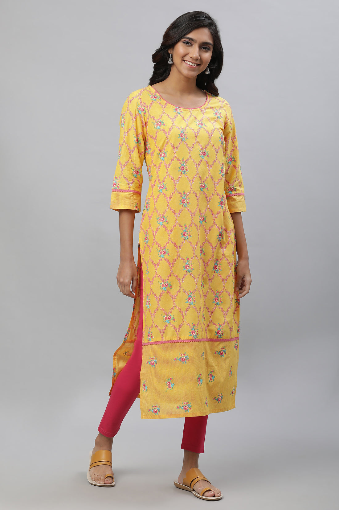 Yellow Floral Printed Cotton Straight Kurta