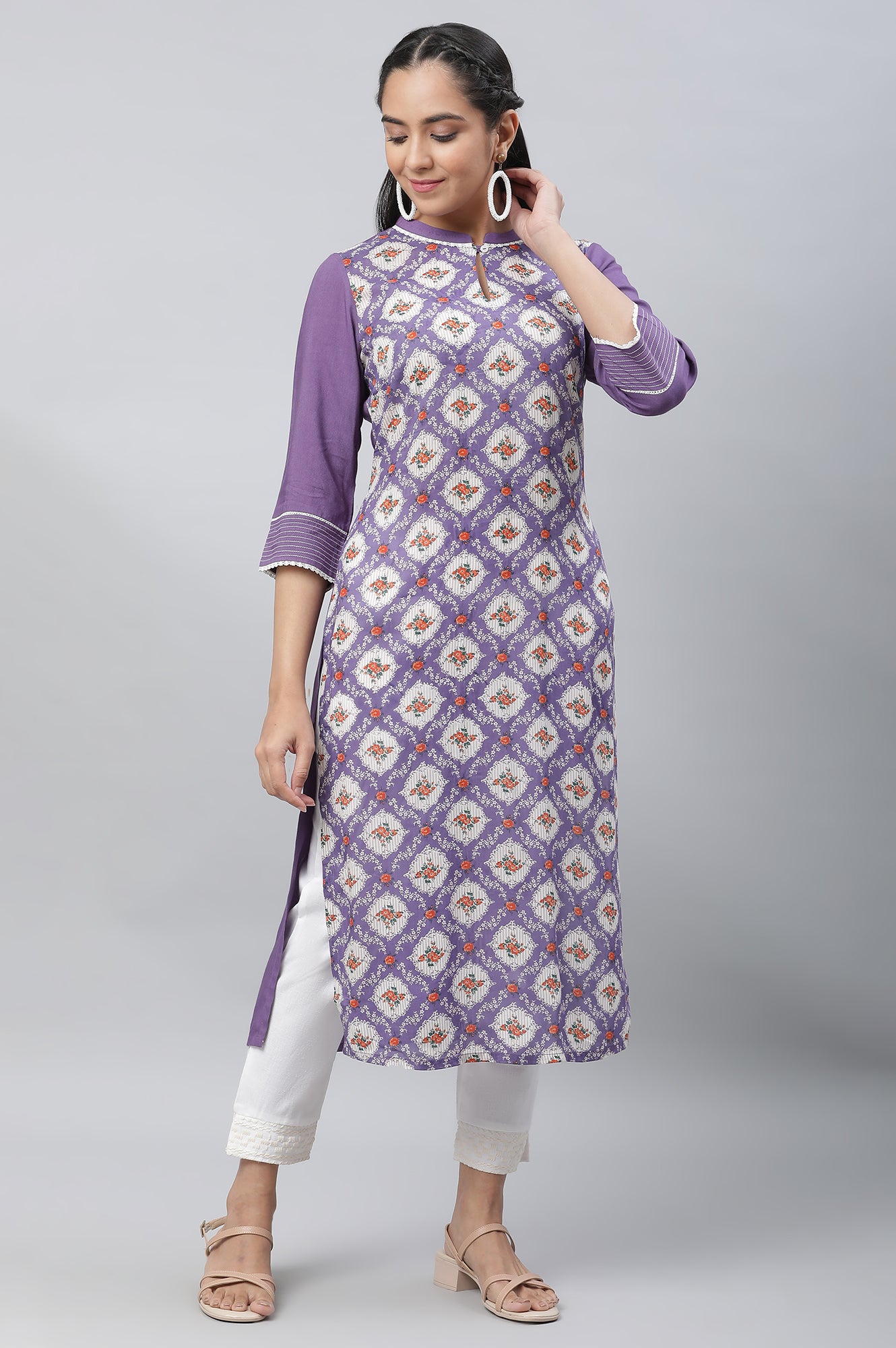 Purple Floral Printed Straight Kurta