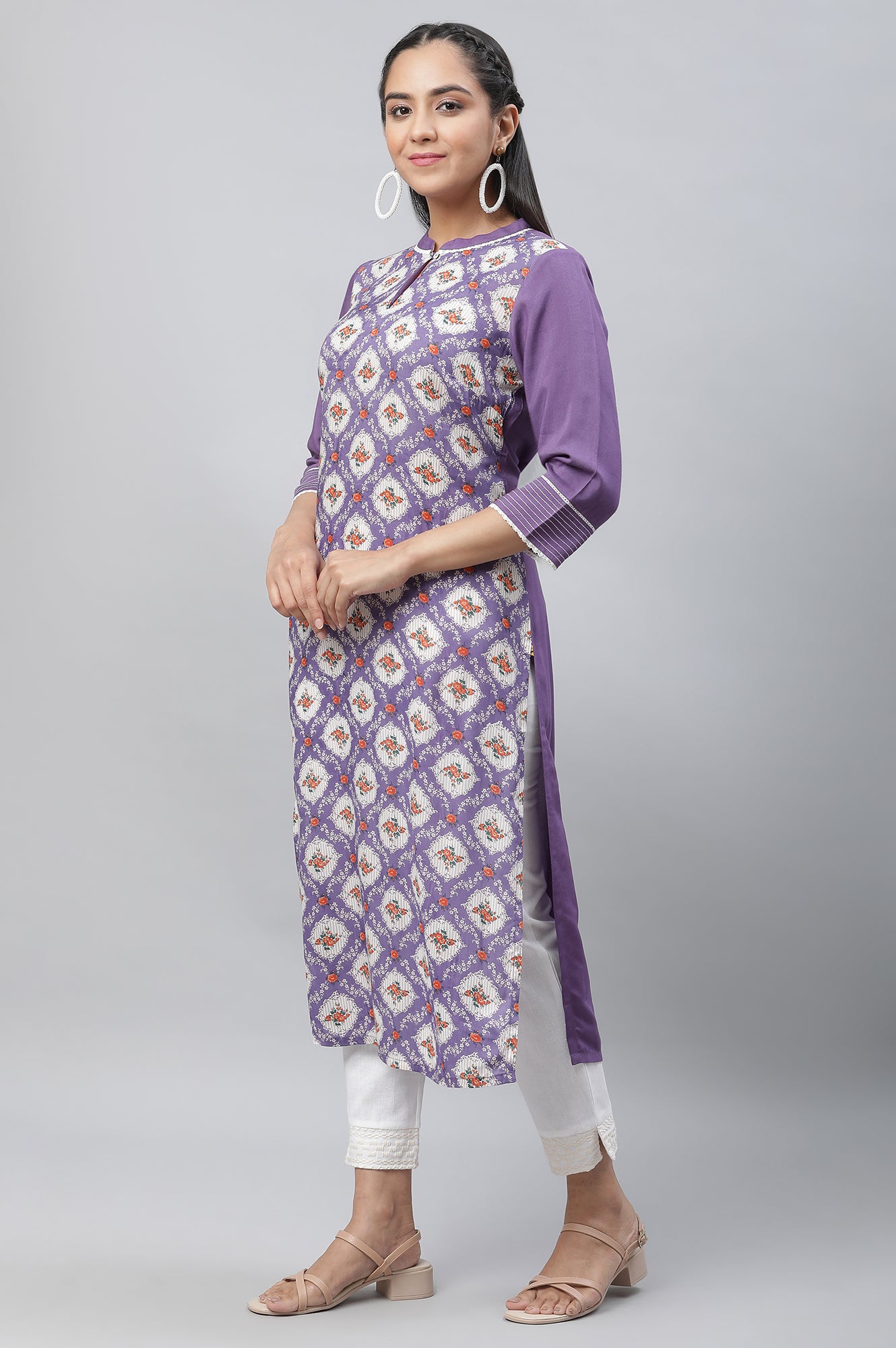 Purple Floral Printed Straight Kurta