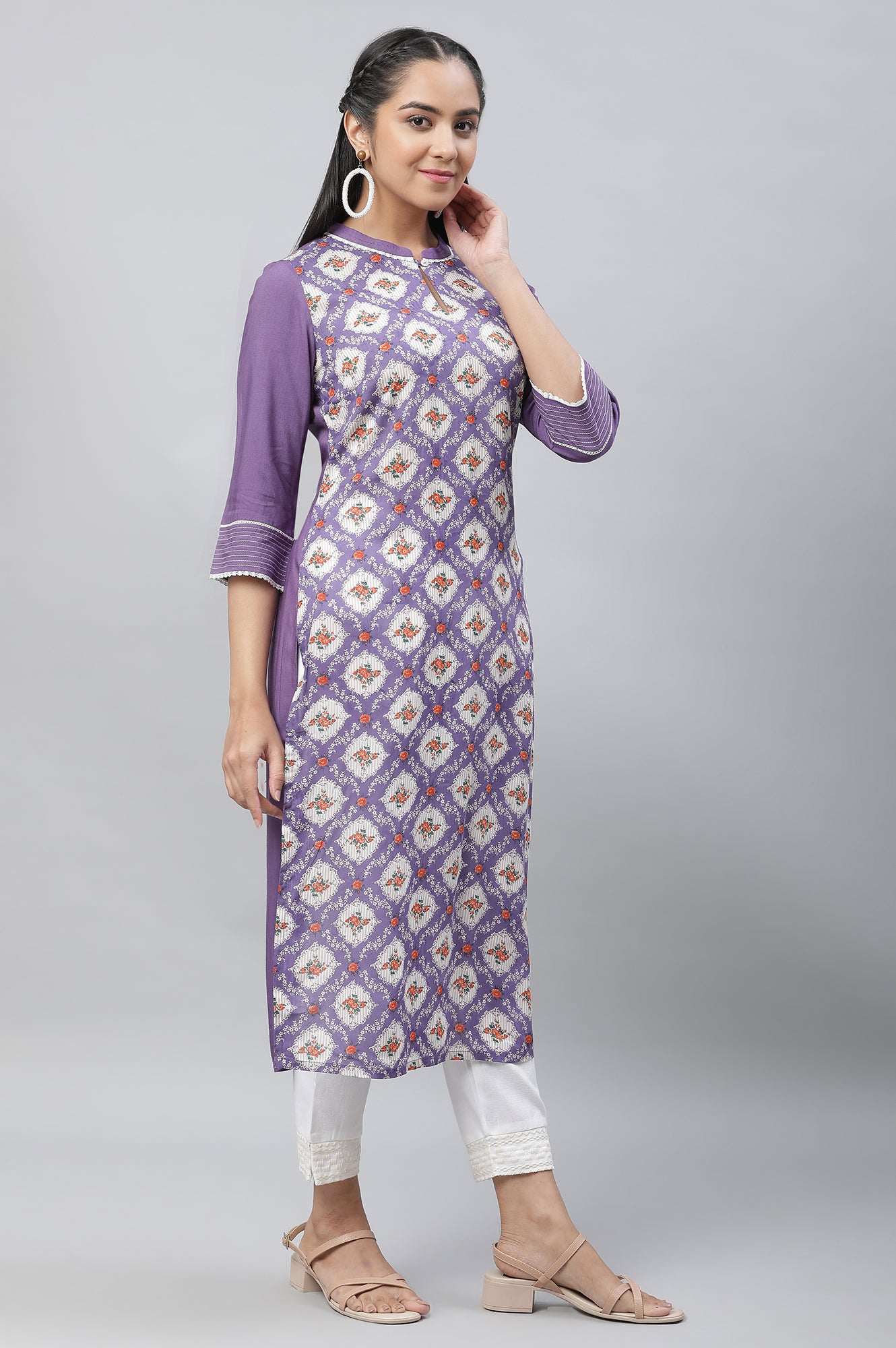 Purple Floral Printed Straight Kurta