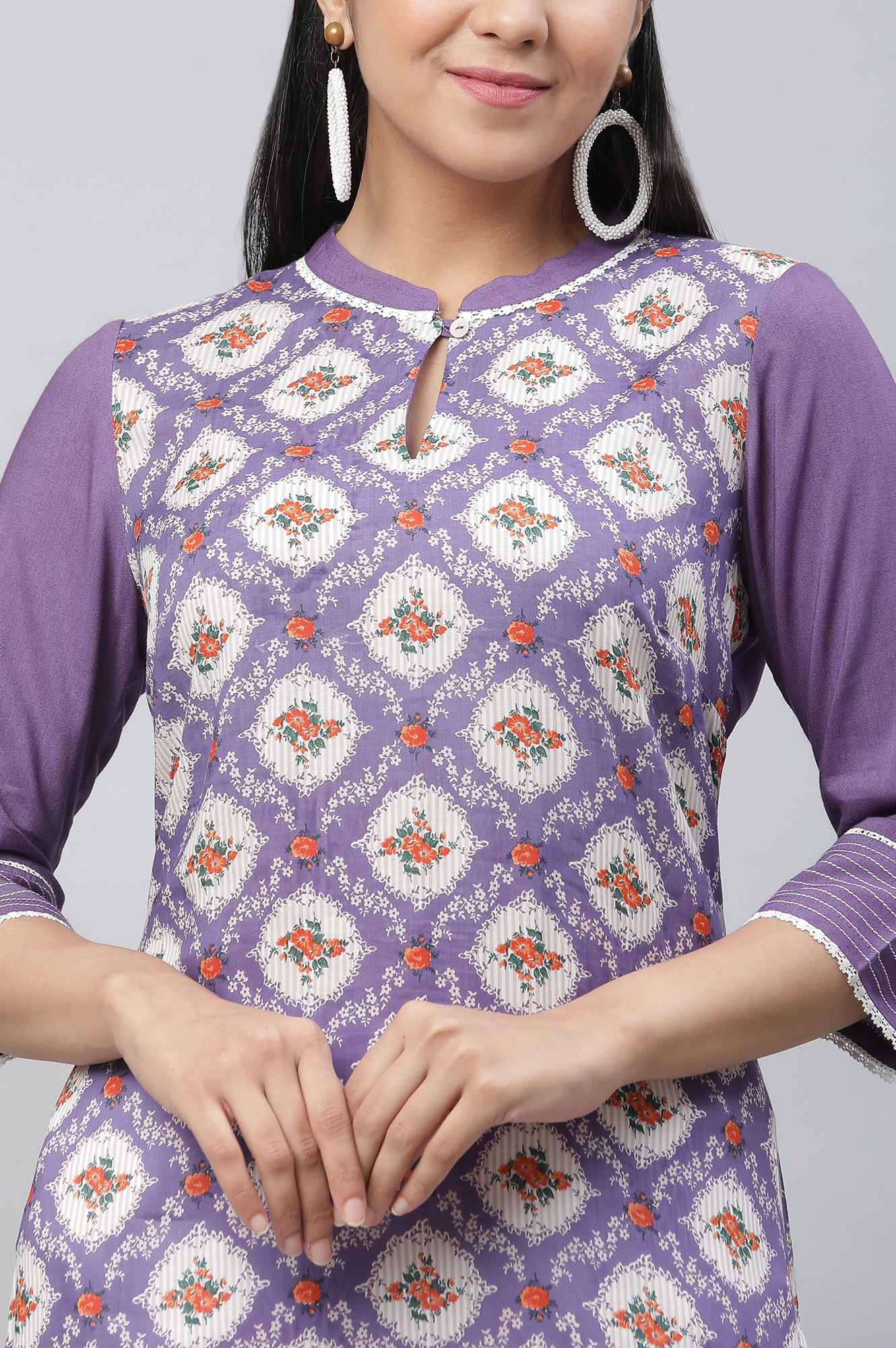 Purple Floral Printed Straight Kurta