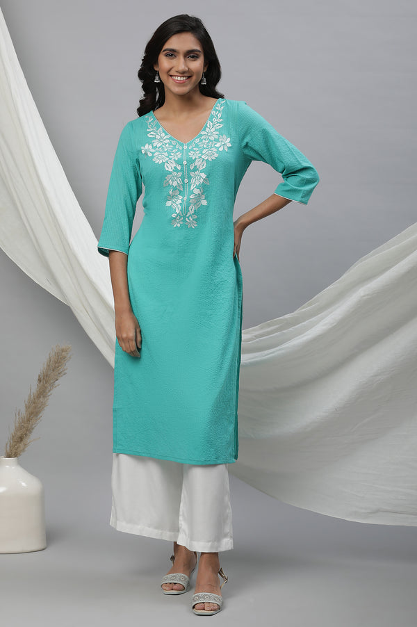Teal Embroidered Textured Cotton Kurta