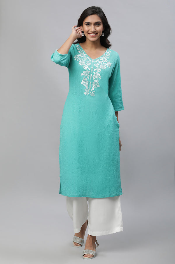 Teal Embroidered Textured Cotton Kurta