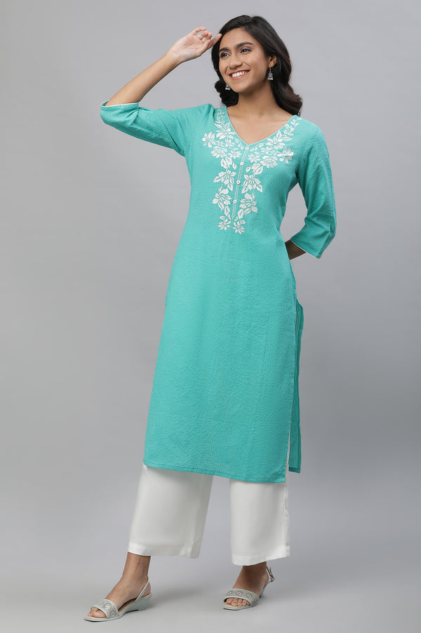 Teal Embroidered Textured Cotton Kurta