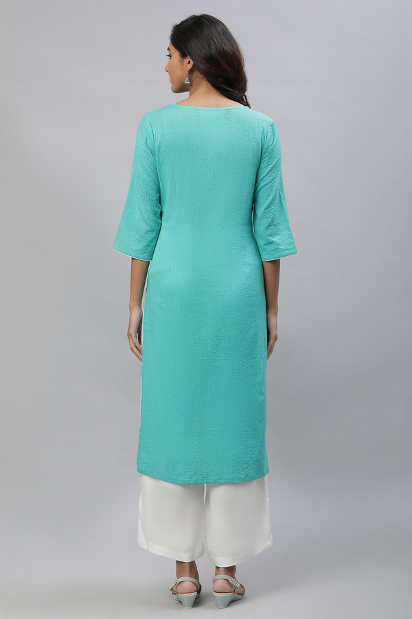 Teal Embroidered Textured Cotton Kurta