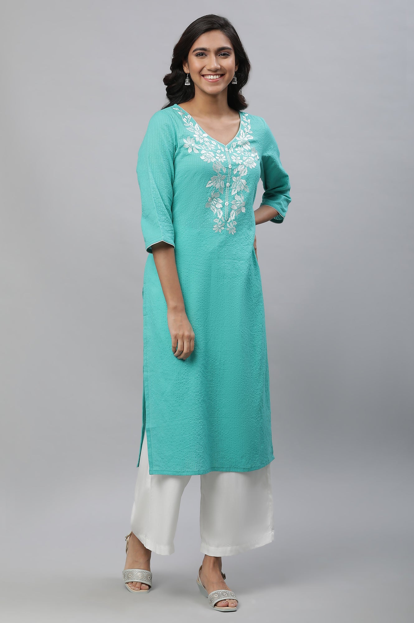 Teal Embroidered Seer Sucker Kurta