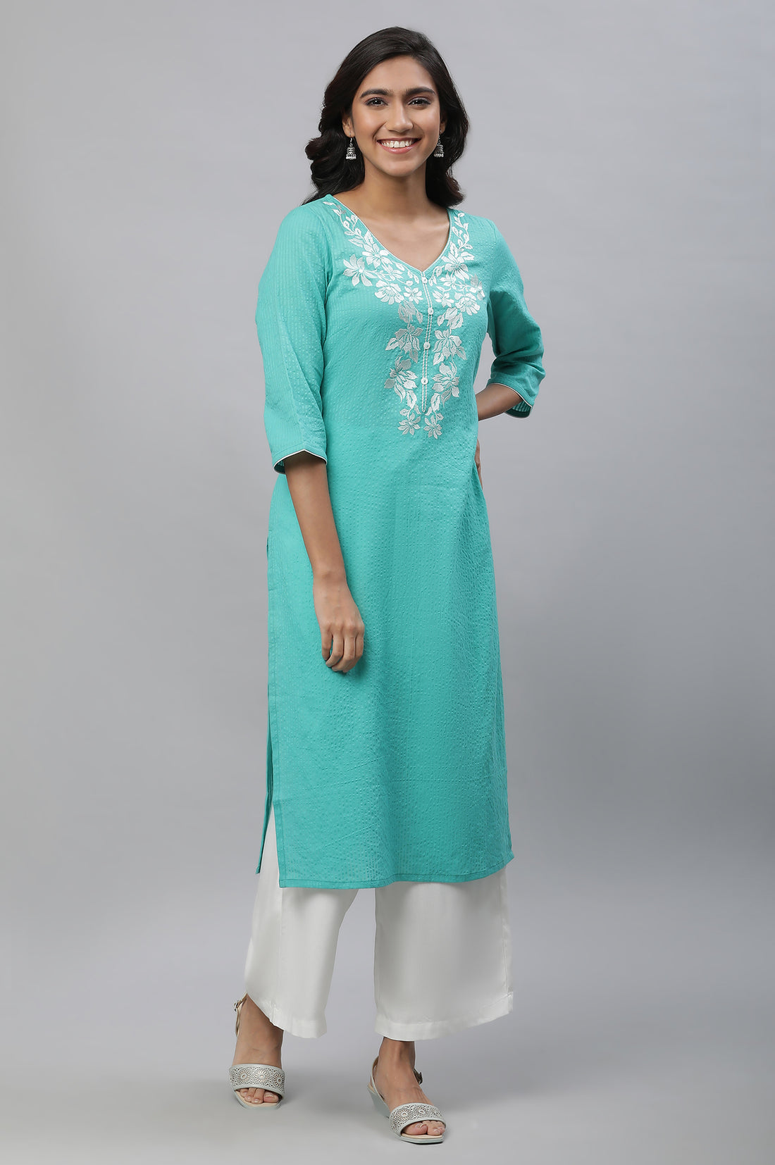 Teal Embroidered Textured Cotton Kurta