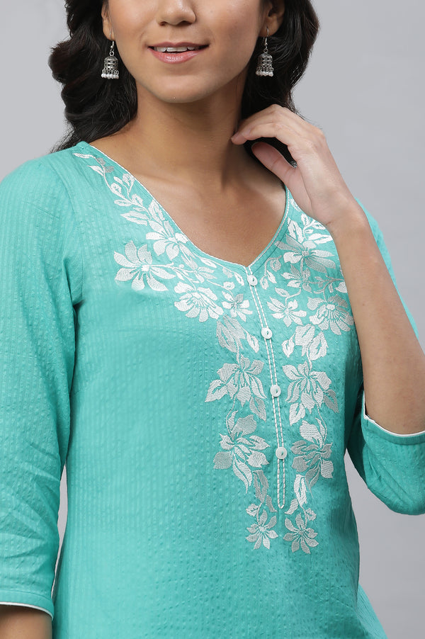 Teal Embroidered Textured Cotton Kurta