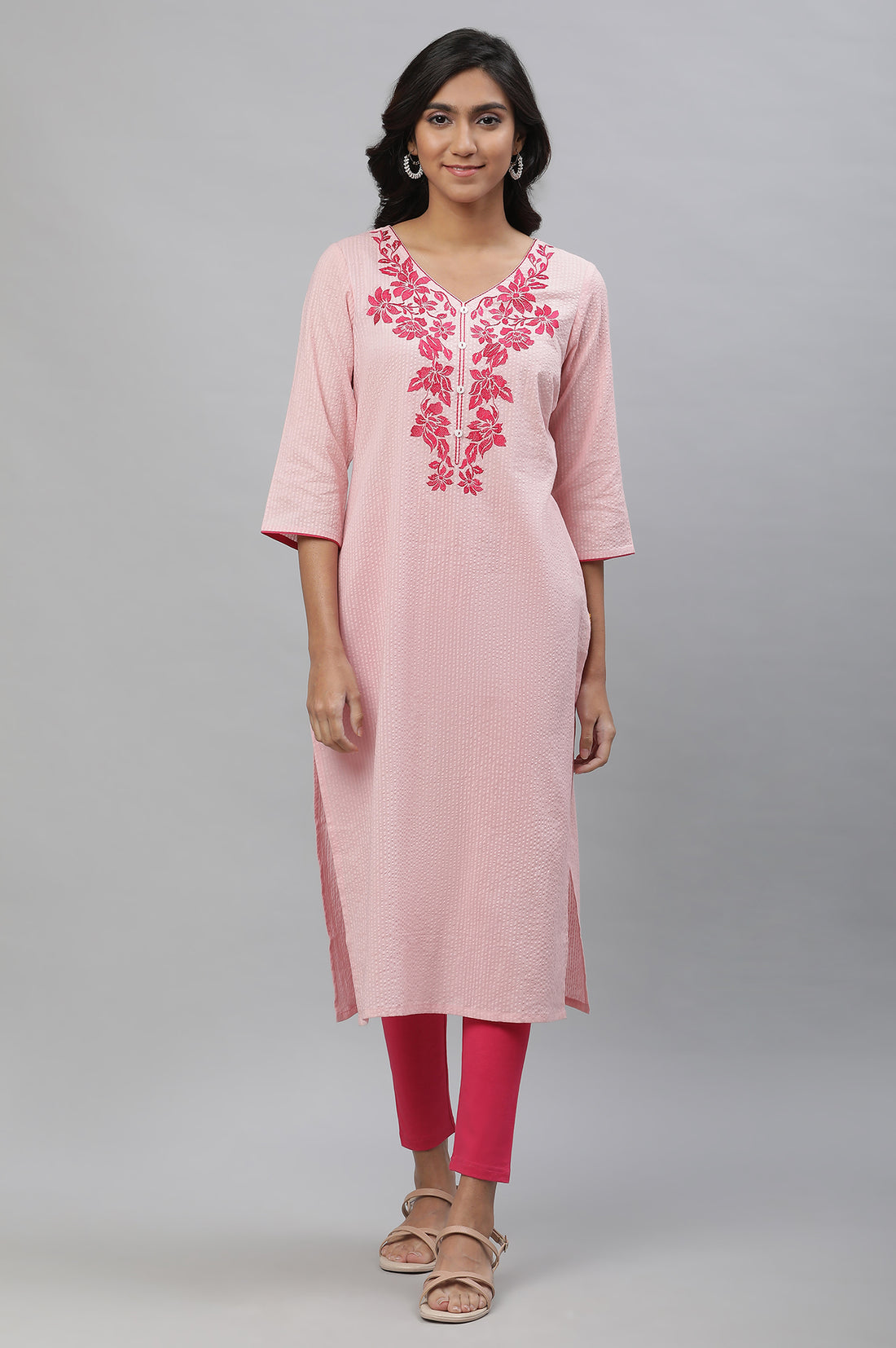 Pink Embroidered Textured Cotton Kurta