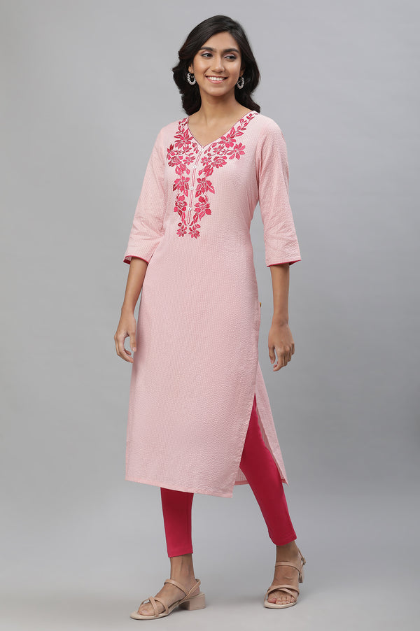 Pink Embroidered Textured Cotton Kurta