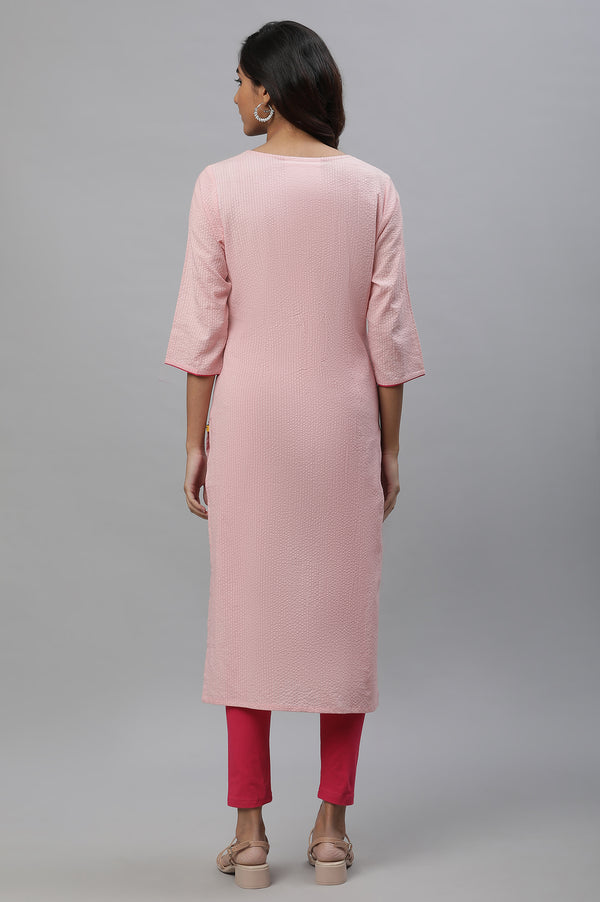 Pink Embroidered Textured Cotton Kurta