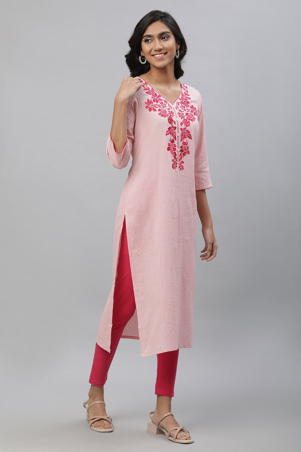 Pink Embroidered Textured Cotton Kurta